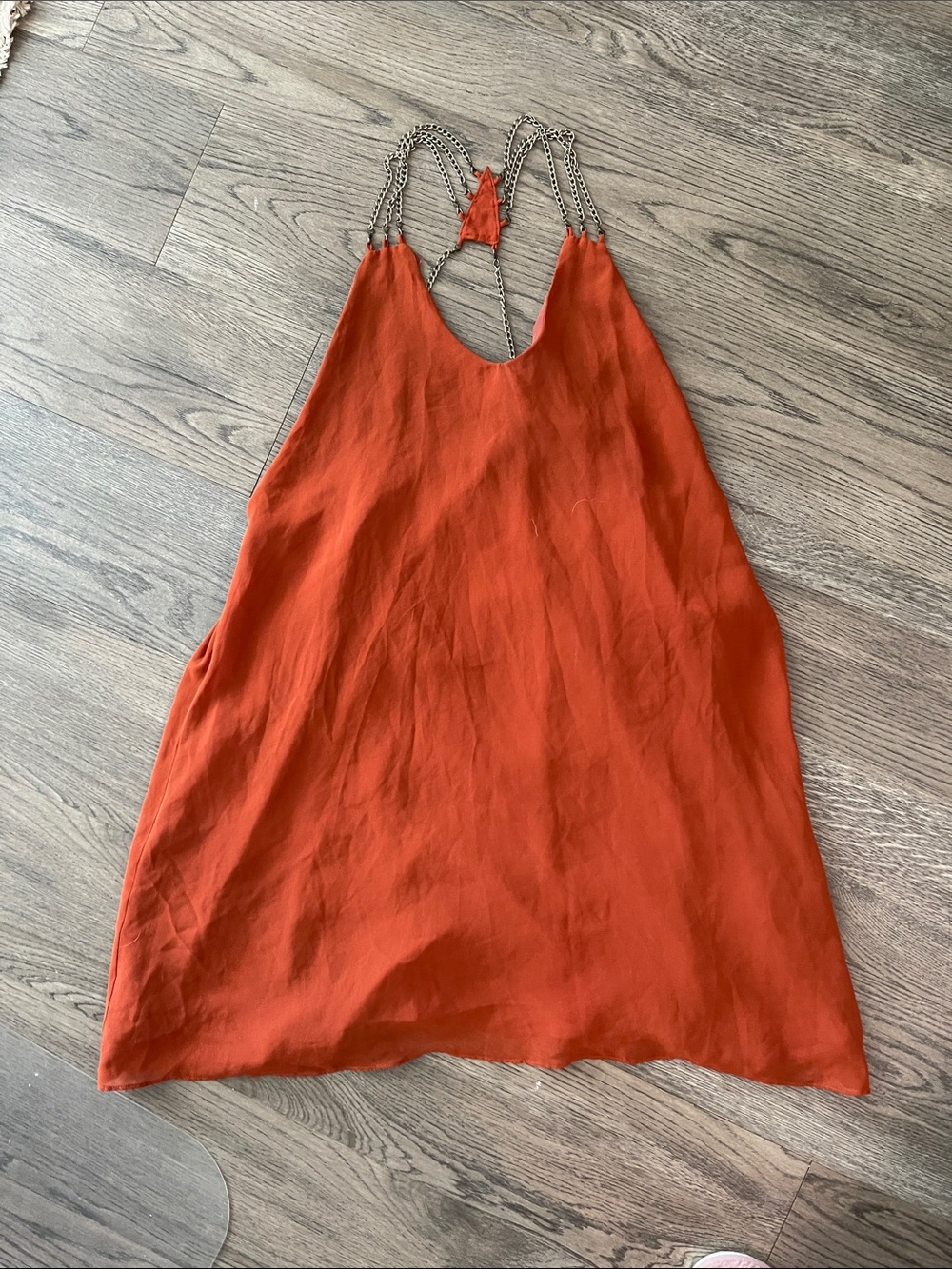 audrey Rust-Orange High Low Slip Dress with Chain Straps